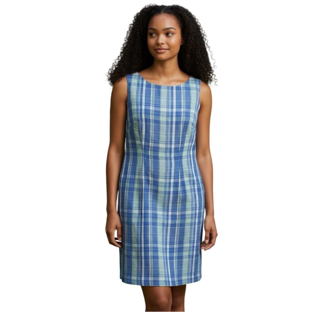 Annie Alexander Vintage 90s Blue Plaid Linen Blend Preppy Cottagecore Dress 8